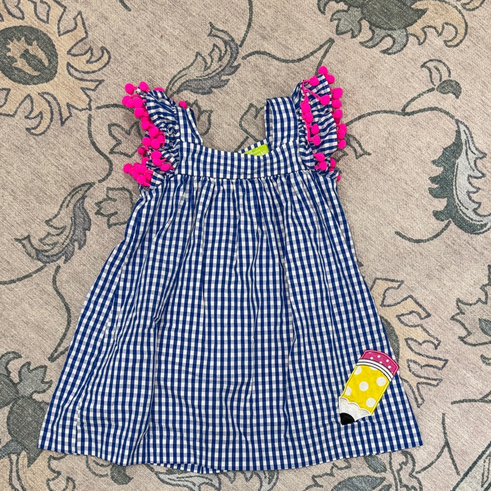 Classic Whimsy Blue Checkered Girls Dress Pink Pompoms Pencil Embroidered